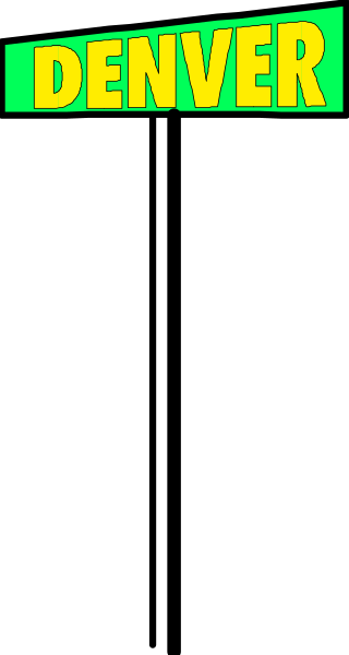 The image shows a sign with text that reads "DENVER" on it against an indistinct background.