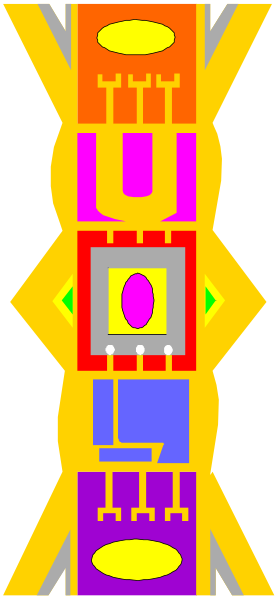 The image shows a colorful abstract design with geometric shapes that resemble stylized buildings or structures arranged vertically along what appears to be an axis of symmetry in shades of purple, yellow, red, green and blue against a gray background.