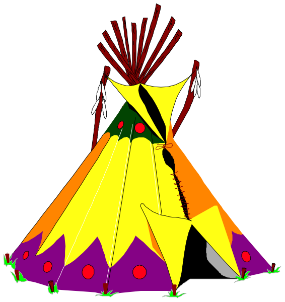 The image shows a colorful teepee with an open door on its left side, featuring red, yellow, purple, green, blue, white, black, orange, brown, pink, gray, light blue and darker shades of these colors in various patterns; there is no text or human activity depicted.