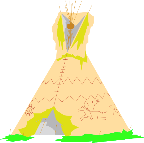 The image shows a cartoon depiction of an Indian teepee with various patterns on it set against what appears to be water in front of land covered by snow-like substance at nighttime under clear skies, and there is no text present within this small clip art image.