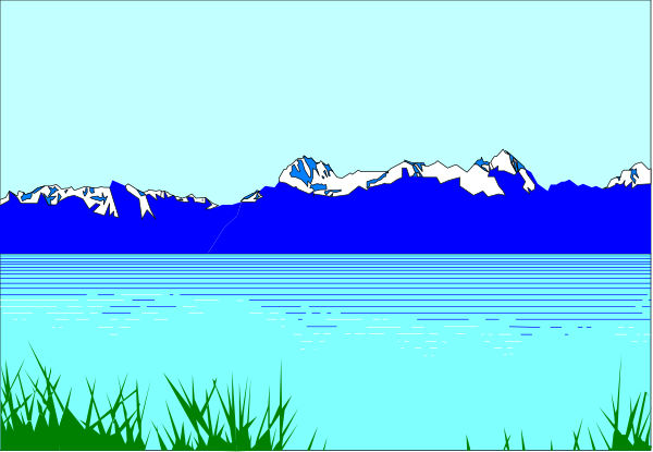 The image shows a serene landscape with mountains on both sides of water under blue sky; it's divided into two parts by an artificial line in middle showing different perspectives: one from ground level looking up at mountain and other from higher vantage point overlooking valley, grassy field, river.