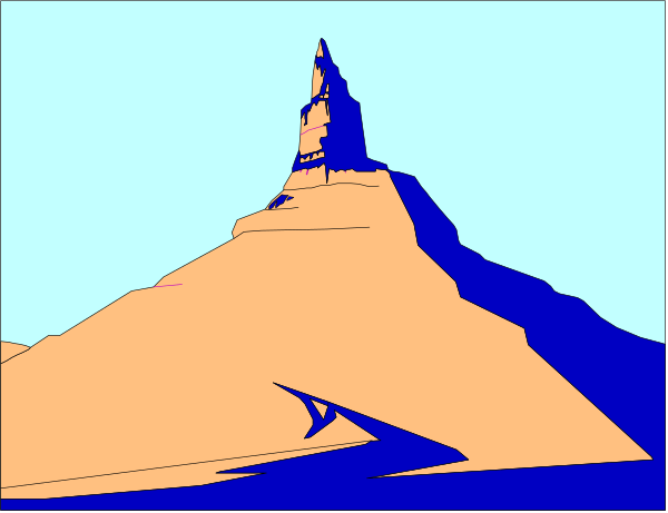 The image shows a desert landscape with an orange rock formation resembling a castle on top of it against a blue sky background in two separate panels; there is no text present within this clip-art illustration, and all elements depicted remain consistent across both frames without any changes or actions taking place between them.