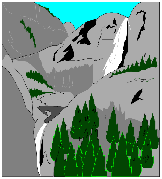 The image depicts a mountainous landscape with trees on top of mountains under blue sky.