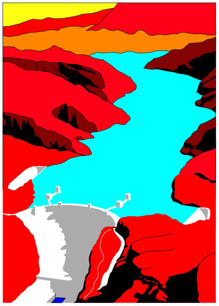 The image shows a colorful digital painting of an outdoor scene featuring a river flowing through mountains with red foliage on either side under a blue sky that has orange clouds at sunset in one corner.