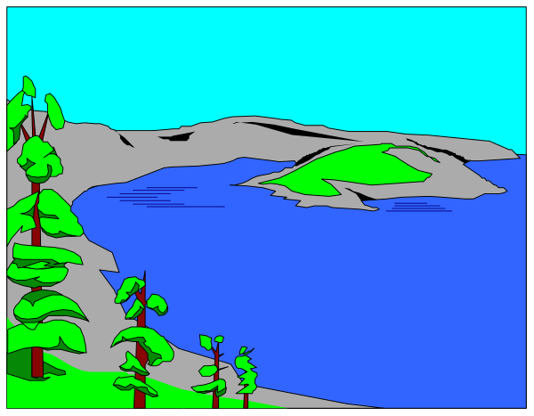 The image shows a serene landscape with two panels: on top, there's an expansive view of mountains under blue skies; below it is another panel depicting trees near water in front of hills and overlooking a lake at sunset.