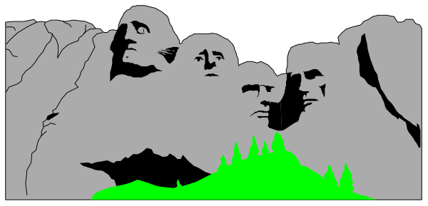 The image shows a black and white pixelated representation of Mount Rushmore with four presidential faces carved into it against an outdoor backdrop that includes trees in front of mountains under what appears to be clear skies, set within a stylized frame resembling a window or picture border.