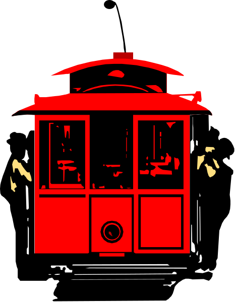 The image shows a red trolley car with white windows on it against a black background.