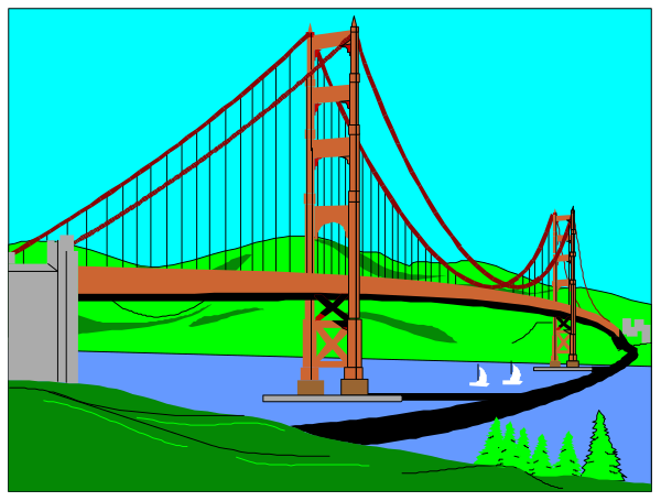 The image shows a cartoon depiction of three panels with different views: 1) A bridge over water; 2) An illustration of San Francisco's Golden Gate Bridge in front of hills under blue sky, and trees on either side; 3) Another view showing the same bridge from another angle. There are no people or animals visible within these frames. The style is simple line drawing with a limited color palette. No actions can be discerned as this appears to be an informational image rather than depicting motion.