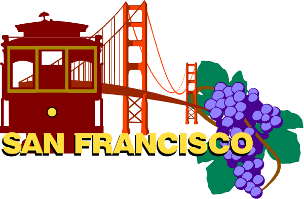 The image shows a logo with two trolley cars on either side of it; above them is text that reads "SAN FRANCISCO" in large letters atop an illustration of San Francisco's Golden Gate Bridge, and below this bridge there is another line of smaller text reading "WINE COUNTRY." The background features a purple grape.