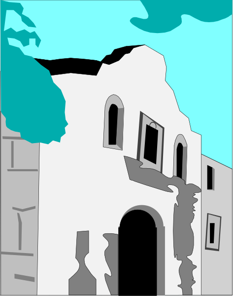 The image shows a cartoon depiction of an old western town with a white building featuring arched windows on its facade under what appears to be a blue sky during daylight hours.