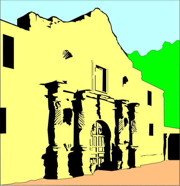 The image shows a side by side comparison of two different illustrations: on top is an artistic representation with shading that depicts a large Spanish colonial-style building in front of which there's greenery, and below it appears to be a photograph or real life picture showing the same structure.
