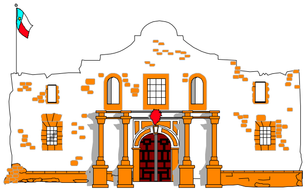 The image shows a pixelated depiction of an old western town with a prominent white building featuring arched doorways on either side under what appears to be a balcony; above this structure is another smaller archway, and there's text that reads "THE ALAMO" in large letters. In front of the main building stands a flagpole displaying an Italian tricolor flag with vertical stripes of red white and green colors. The setting suggests it could be nighttime due to darker tones on top half, contrasted by lighter bottom section where buildings are illum