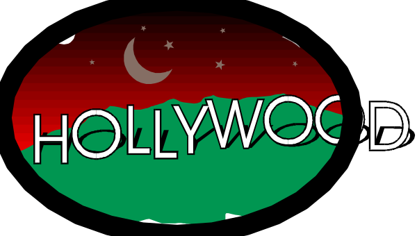 The image shows a stylized graphic with text that reads "Hollywood" at top left corner overlaid on an illustration of what appears to be a night sky scene featuring stars in various shades, and below it is another line of text reading "hollywood." In the background there's a red flag or banner. The overall style suggests this could represent a logo for Hollywood-related content or events.