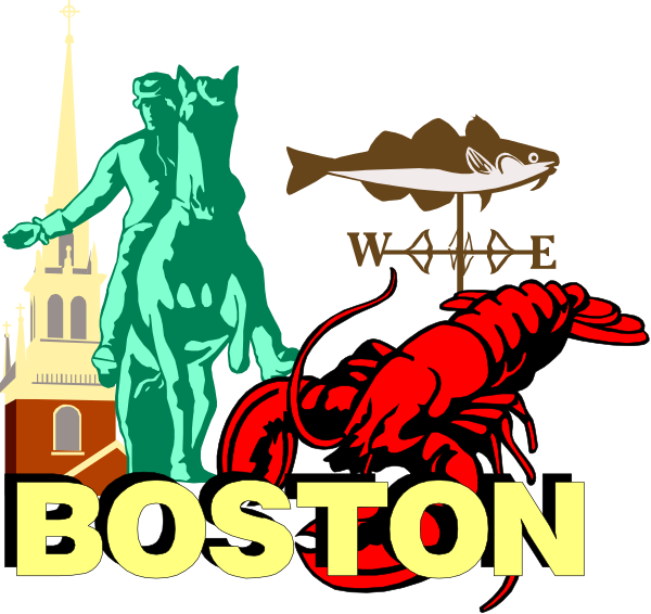 The image shows two separate pictures with different subjects:

1) On top is a picture of Boston featuring an illustration of Paul Revere on horseback riding past Old State House in front of Faneuil Hall Marketplace, and below it reads "BOSTON." There are also icons representing the city's history such as a lobster (a symbol often associated with New England), fish, and other seafood.
2) The bottom picture shows an illustration of two crabs facing each other in front of what appears to be a church or cathedral-like