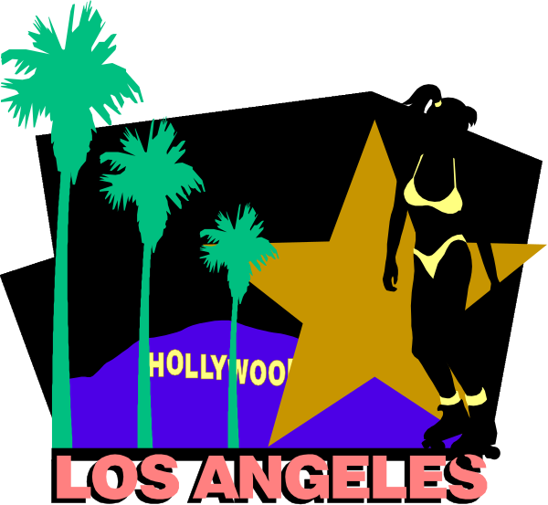 The image features a graphic with text that reads "LOS ANGELES" at the bottom center of an illustration depicting palm trees against a dark background on top left corner; in front is silhouette figure resembling female, wearing bikini and standing under star symbol above Hollywood sign.