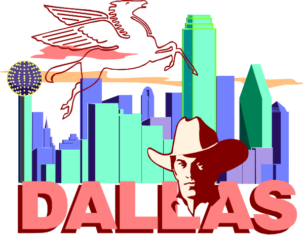 The image features a stylized graphic with text that reads "DALLAS" at its center against an urban skyline backdrop. To the left of this central word is a silhouette of what appears to be a bird in flight, and above it there's another figure resembling a humanoid shape but without facial features or clothing details. The background includes various elements such as buildings with different designs, including one that looks like an office building on the left side; two spheres floating near each other at top right corner of image; trees in front and behind some structures towards
