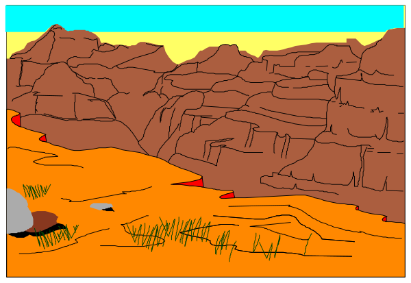 The image shows a cartoon depiction of an outdoor scene with two panels: on top is a desert landscape under a blue sky at sunset; below it appears to be nighttime in another part of the world, showing mountains and possibly some wildlife like deer or antelope grazing near rocks.