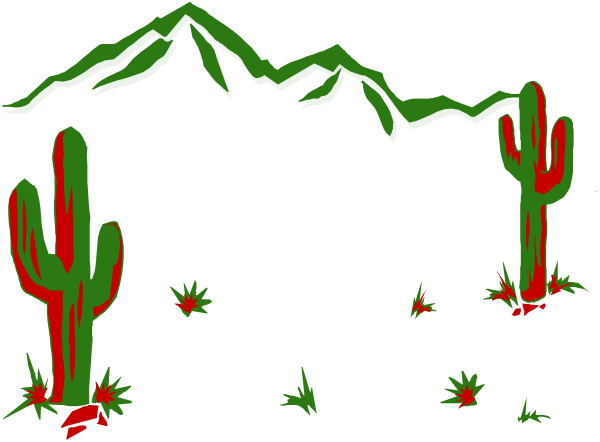 The image shows a desert landscape with cacti on either side of a mountain range under what appears to be an evening sky.
