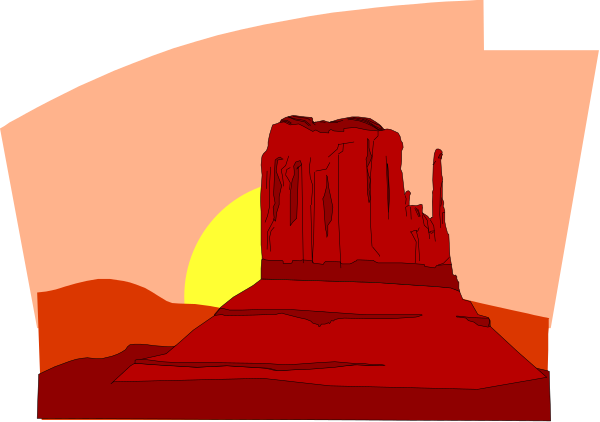 The image shows a cartoon depiction of Monument Valley at sunset with red rock formations against an orange sky.
