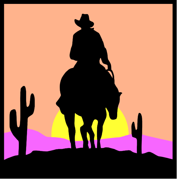 The image shows a silhouette of two cowboys on horses against an orange sunset sky with cacti visible in front of them at dusk.