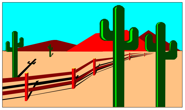 The image shows a desert scene with cacti on either side of a road that leads to mountains under blue sky; there is no visible text in this clip-art representation.