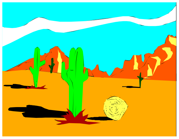The image shows a desert scene with cacti on either side of two windows that look out onto mountains under an open sky; there is no text present in this clip-art illustration.