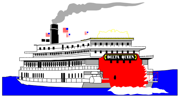 The image shows a cartoon of an old steamship with red smoke coming out of its smokestack on water under what appears to be night sky.