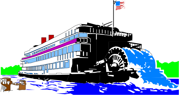 The image shows a cartoon of an ocean liner with American flag on top sailing through water under night sky; it's docked at port during daytime.