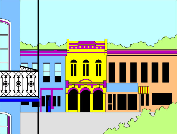The image shows a colorful illustration of an urban street scene with buildings on both sides featuring different architectural styles; there is no text present in this small clip-art image.