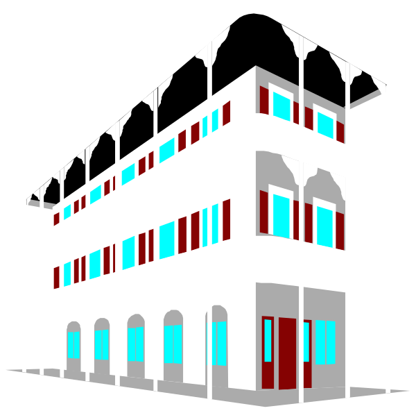 The image shows a two-story building with arched windows on both levels under an archway at ground level; it has red shutters over some of its windows and is set against a dark background that suggests nighttime, possibly in an urban area given by the presence of buildings nearby but not detailed.