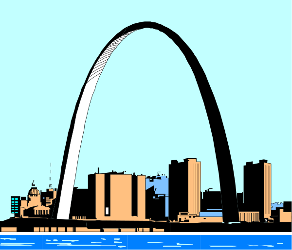 The image shows a stylized illustration of an iconic archway with buildings on either side against a blue sky background; it is likely representing St Louis' Gateway Arch in Missouri.
