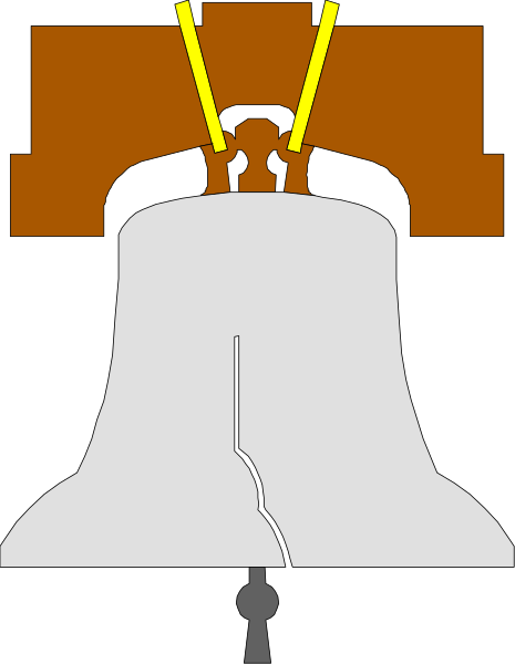 The black and white illustration shows a bell with two yellow handles on either side of it inside what appears to be an open door frame atop a pedestal-like structure within which there is also another smaller object that resembles a book, suggesting this might represent some sort of symbolic or ceremonial setting.