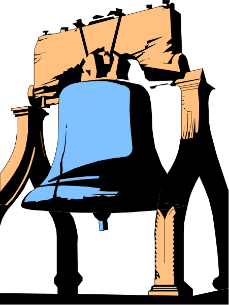 The image shows a stylized illustration of an old bell tower with two bells hanging from it against a dark background.