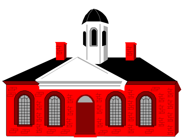 The image shows a stylized depiction of an old red brick building with white trim around windows and doors; it has two visible arched doorways on either side at ground level, each flanked by columns supporting small triangular pediments above them. Above these entrances are three evenly spaced rectangular dormer windows that extend from the roofline to provide additional space inside. The building is crowned with a central cupola and steeple featuring an ornate design on top of which sits what appears to be a bell, suggesting this could represent a church or town hall. There