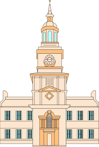 The illustration depicts a clock tower with an attached building that has windows on its facade; it is set against a dark background which contrasts sharply with the light-colored structure.