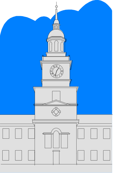 The image shows a stylized illustration of an old building with clock tower against blue sky background.