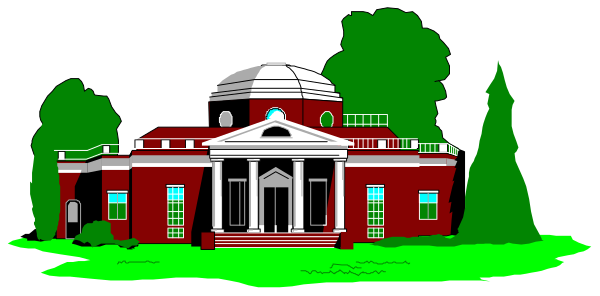 The image shows a cartoon depiction of an old red brick building with white trim around its windows and doors, topped by a dome roof; it has columns in front and is surrounded by trees under what appears to be clear skies.