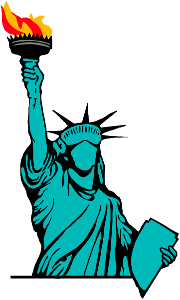 The image shows a stylized illustration of an iconic statue holding up a torch with flames atop it while waving another flame in its hand; there is no text present within this small clip-art graphic, and the background appears to be plain white or light grey without any distinguishable features.