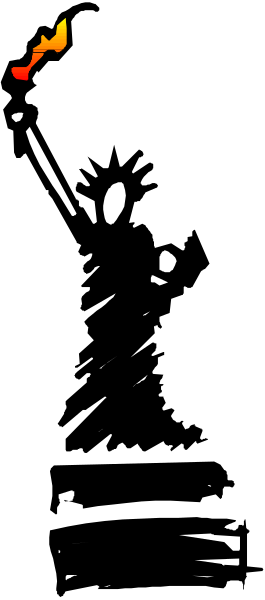 The image shows a black and white photo of an object with red highlights that appears to be some sort of abstract design resembling a person standing in front of another figure; it's difficult to discern specific details due to its small size and low resolution, but there is no text or clear indication of actions taking place.