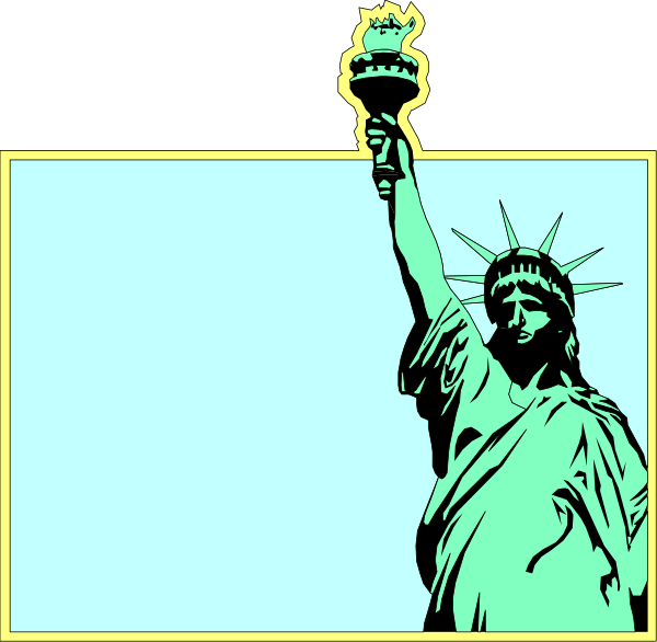 The image shows a stylized illustration of an iconic statue with its arm raised holding what appears to be a torch in one hand while standing on top of another structure that resembles a pedestal, all set against a plain background without any additional context or setting provided within the frame.
