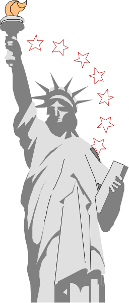 The image shows a black and white illustration of an iconic statue with its arm raised holding what appears to be fireworks in one hand while it stands on top of another figure that resembles a torch, symbolizing freedom; there is no text present within this small clip-art image.