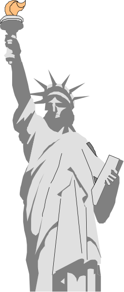 The Statue of Liberty with a torch on top stands against a black background.