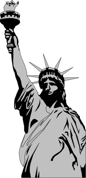 The Statue of Liberty on a black background with white lines around it.