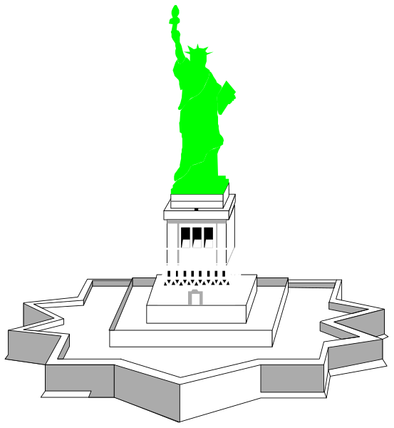 The image shows a stylized illustration of an iconic statue with green light emanating from its head atop what appears to be a pedestal within a structure that resembles a building plan, possibly indicating it's part of a model or architectural concept design.