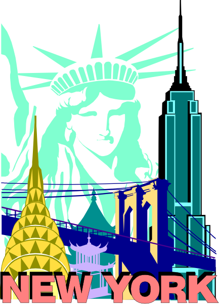 The image features a stylized graphic of New York City with iconic landmarks such as the Statue of Liberty in front of skyscrapers like those found on Wall Street; there's also an illustration of the Brooklyn Bridge and other city elements, all set against a dark background.