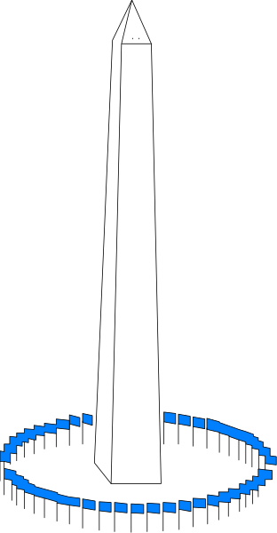 The image shows a black and white illustration of an obelisk with blue circles around it on either side.
