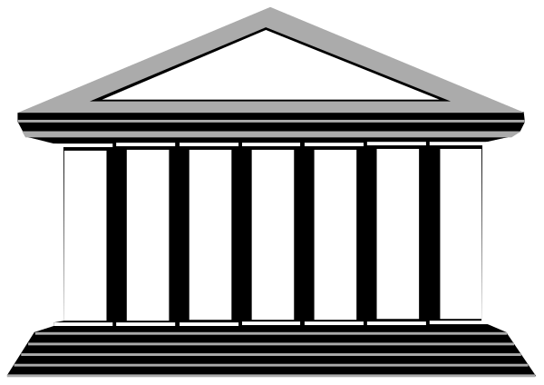 The black and white logo of a building with columns that resembles an ancient Greek temple is shown against a gray background in this small clip-art image.
