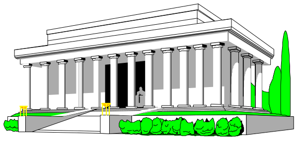 The image shows a black and white illustration of an ancient Greek temple with columns on either side, set against what appears to be night sky background.
