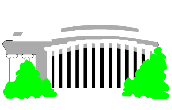 The image shows a black and white illustration of an iconic building with columns that resembles the United States Capitol Building in Washington D.C., set against what appears to be night sky background.