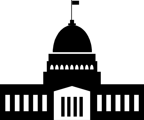 The black and white logo of a building with columns on either side resembling an official governmental structure like a courthouse or capitol.